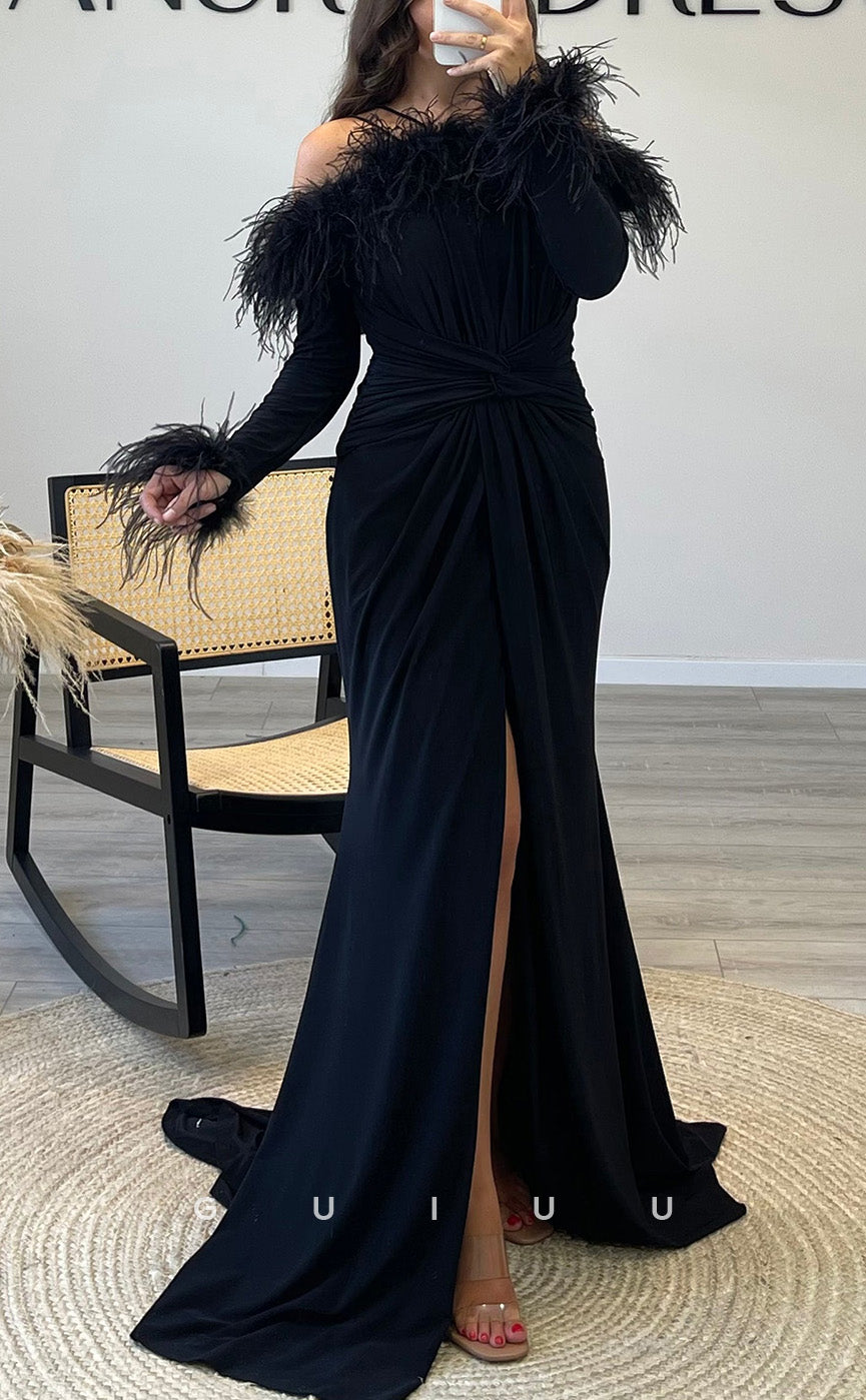 G3520 - Chic & Modern Sheath Asymmetrical Long Sleeves Feather High Slit Draped Floor-Length Ballgown Prom Dress