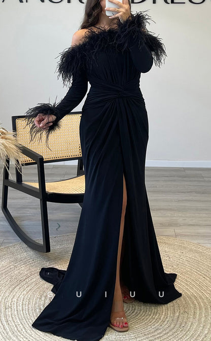 G3520 - Chic & Modern Sheath Asymmetrical Long Sleeves Feather High Slit Draped Floor-Length Ballgown Prom Dress