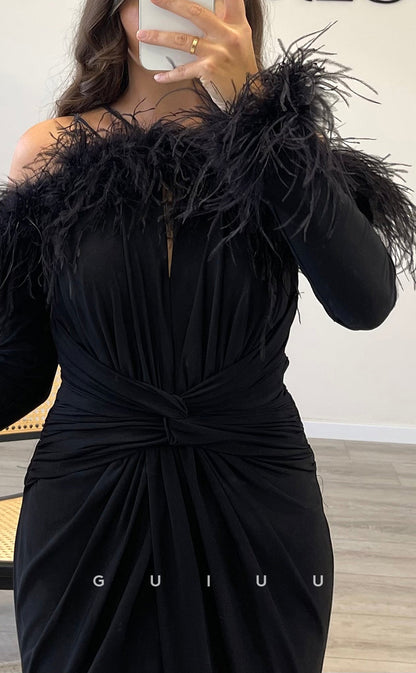 G3520 - Chic & Modern Sheath Asymmetrical Long Sleeves Feather High Slit Draped Floor-Length Ballgown Prom Dress