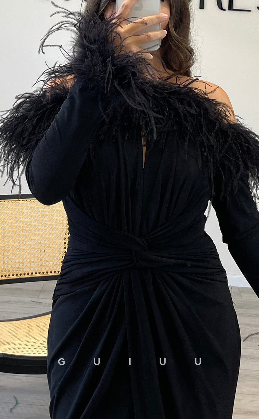 G3520 - Chic & Modern Sheath Asymmetrical Long Sleeves Feather High Slit Draped Floor-Length Ballgown Prom Dress