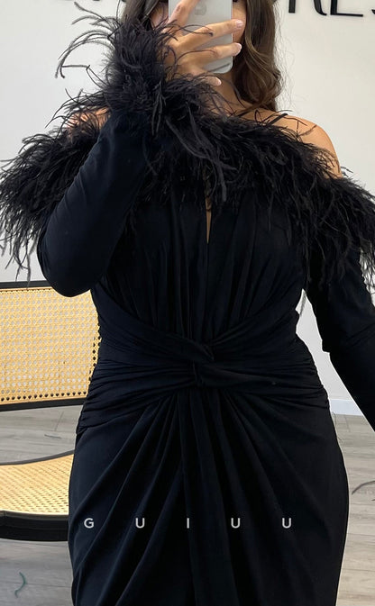 G3520 - Chic & Modern Sheath Asymmetrical Long Sleeves Feather High Slit Draped Floor-Length Ballgown Prom Dress