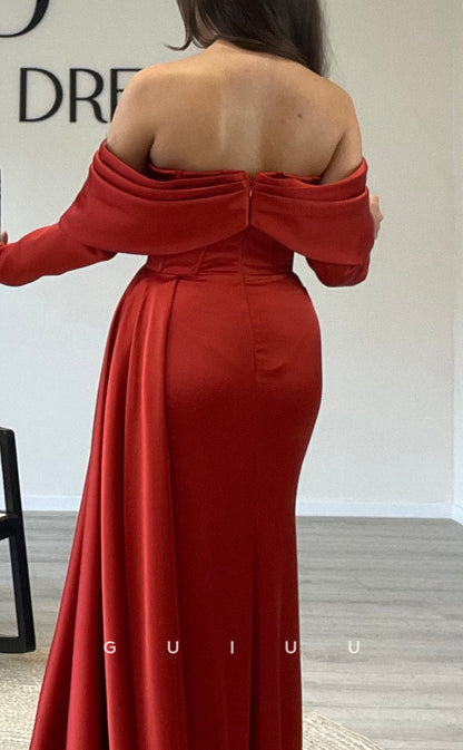 G3521 - Sexy & Hot Sheath Sweetheart Off Shoulder Long Sleeves Corset Draped Long Party Gown Prom Dress With Sweep Train
