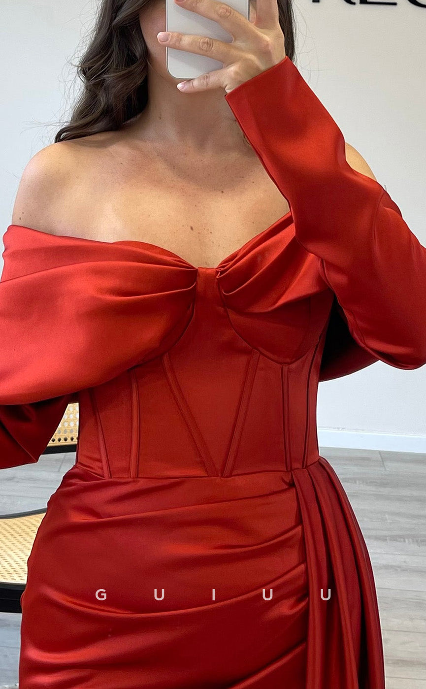 G3521 - Sexy & Hot Sheath Sweetheart Off Shoulder Long Sleeves Corset Draped Long Party Gown Prom Dress With Sweep Train