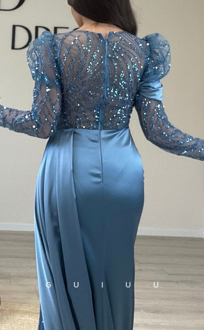 G3525 - Classic & Timeless Sheath Illusion Bateau Long Sleeves Sequined High Side Slit Draped Party Gown Prom Dress With Sweep Train