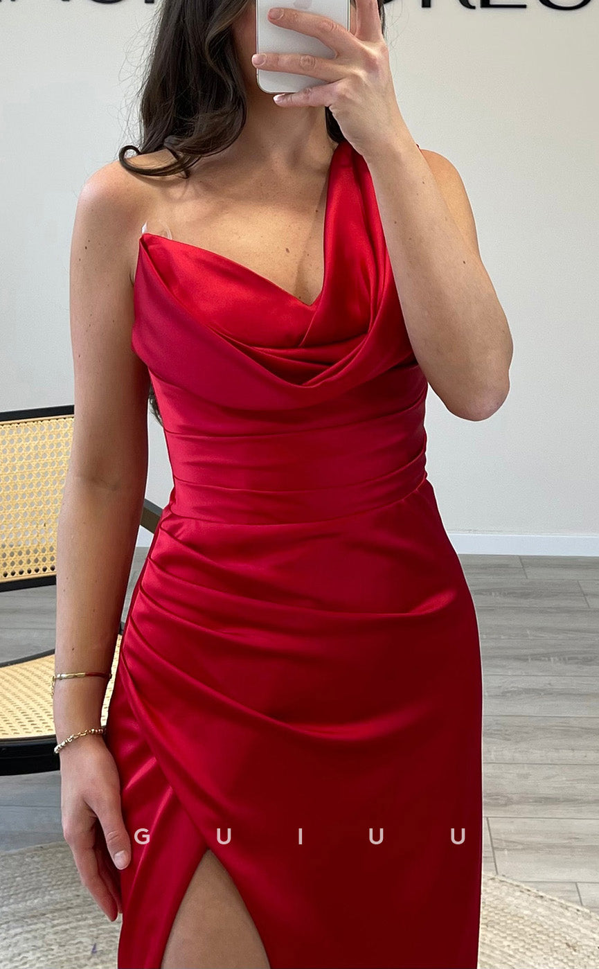 G3526 - Sexy & Hot Sheath Asymmetrical One Shoulder High Side Slit Draped Floor-Length Party Gown Prom Dress