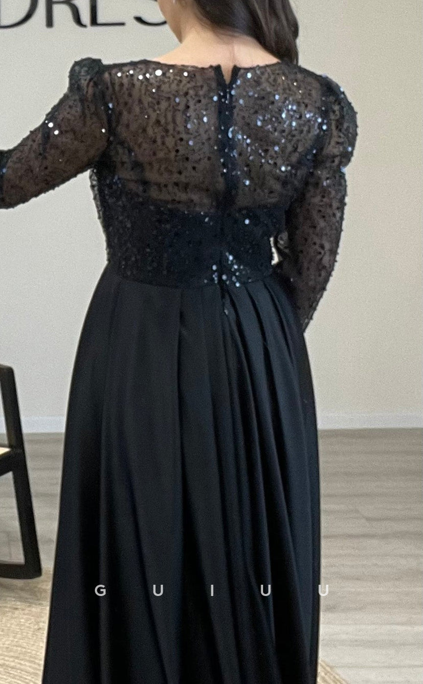 G3528 - Sexy & Hot Sheath Illusion Bateau Sweetheart Long Sleeves Sequined Floor-Length Party Gown Prom Dress With Overlay