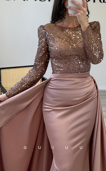 G3528 - Sexy & Hot Sheath Illusion Bateau Sweetheart Long Sleeves Sequined Floor-Length Party Gown Prom Dress With Overlay
