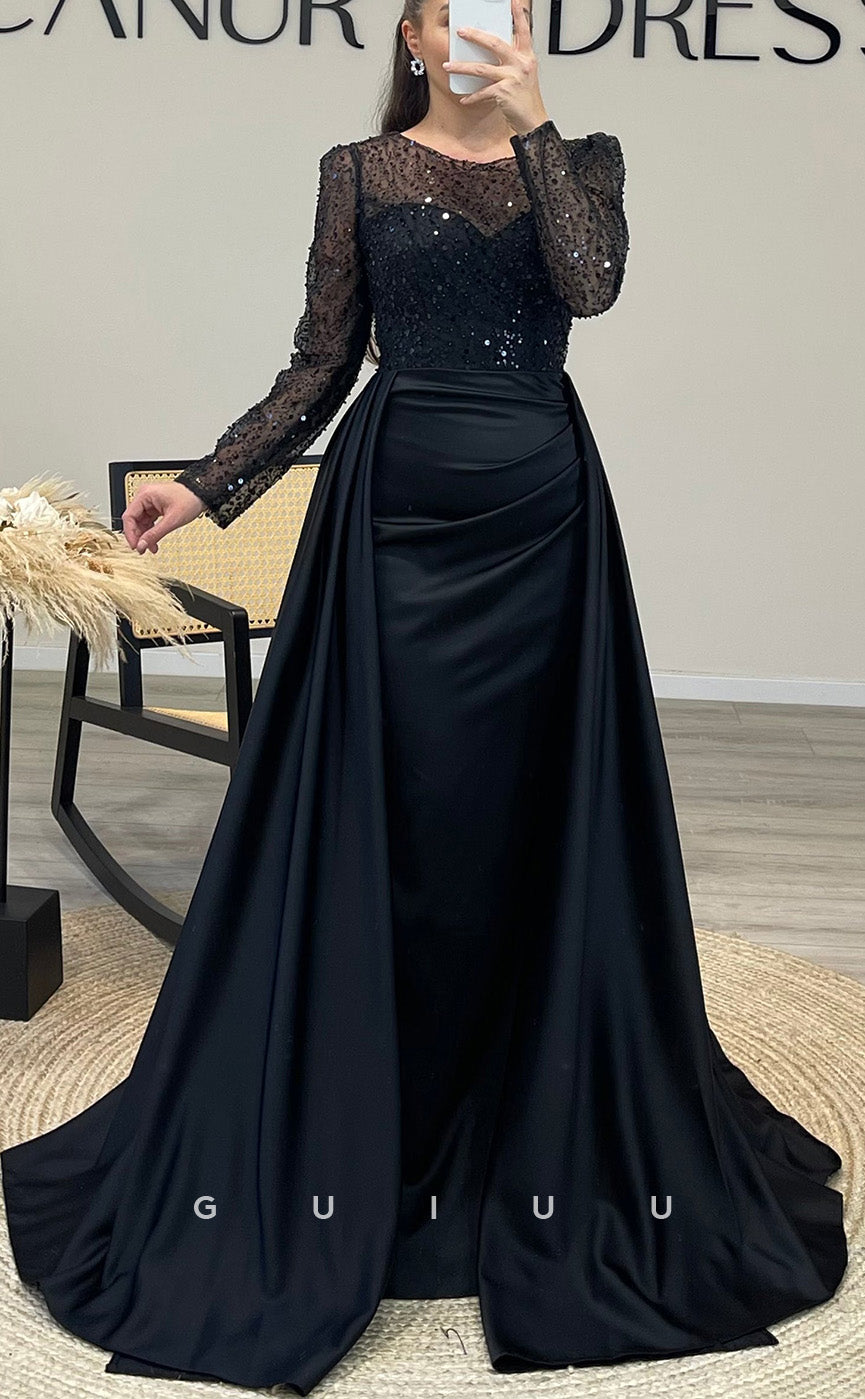 G3528 - Sexy & Hot Sheath Illusion Bateau Sweetheart Long Sleeves Sequined Floor-Length Party Gown Prom Dress With Overlay