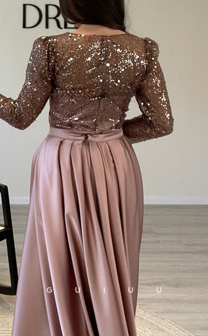 G3528 - Sexy & Hot Sheath Illusion Bateau Sweetheart Long Sleeves Sequined Floor-Length Party Gown Prom Dress With Overlay