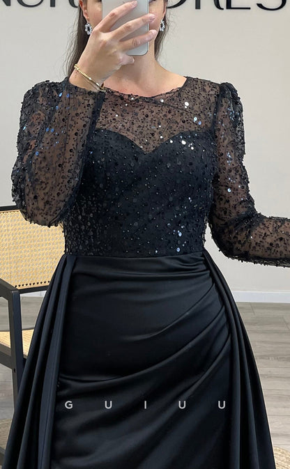 G3528 - Sexy & Hot Sheath Illusion Bateau Sweetheart Long Sleeves Sequined Floor-Length Party Gown Prom Dress With Overlay