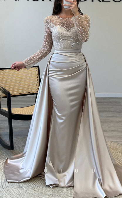 G3528 - Sexy & Hot Sheath Illusion Bateau Sweetheart Long Sleeves Sequined Floor-Length Party Gown Prom Dress With Overlay