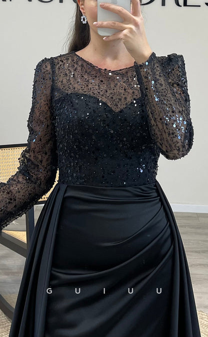G3528 - Sexy & Hot Sheath Illusion Bateau Sweetheart Long Sleeves Sequined Floor-Length Party Gown Prom Dress With Overlay