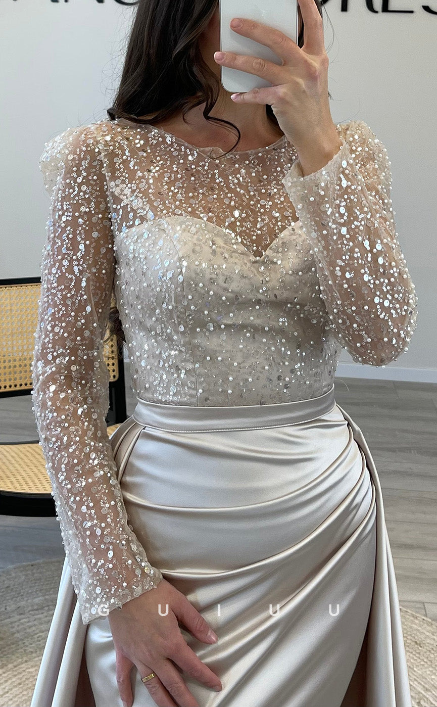 G3528 - Sexy & Hot Sheath Illusion Bateau Sweetheart Long Sleeves Sequined Floor-Length Party Gown Prom Dress With Overlay