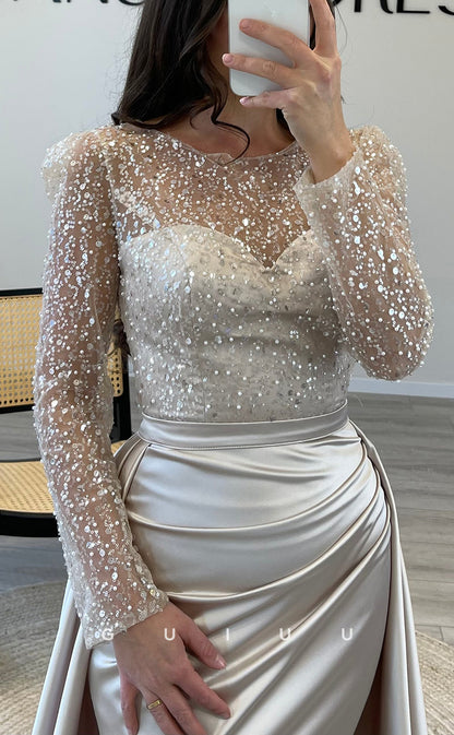 G3528 - Sexy & Hot Sheath Illusion Bateau Sweetheart Long Sleeves Sequined Floor-Length Party Gown Prom Dress With Overlay