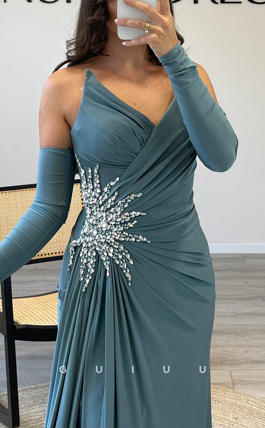 G3537 - Classic & Timeless Sheath V-Neck Strapless Draped Beaded Quarter Sleeves Floor-Length Party Ballgown Prom Dress With Overlay