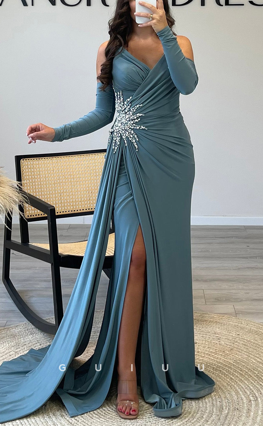 G3537 - Classic & Timeless Sheath V-Neck Strapless Draped Beaded Quarter Sleeves Floor-Length Party Ballgown Prom Dress With Overlay