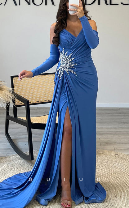 G3537 - Classic & Timeless Sheath V-Neck Strapless Draped Beaded Quarter Sleeves Floor-Length Party Ballgown Prom Dress With Overlay