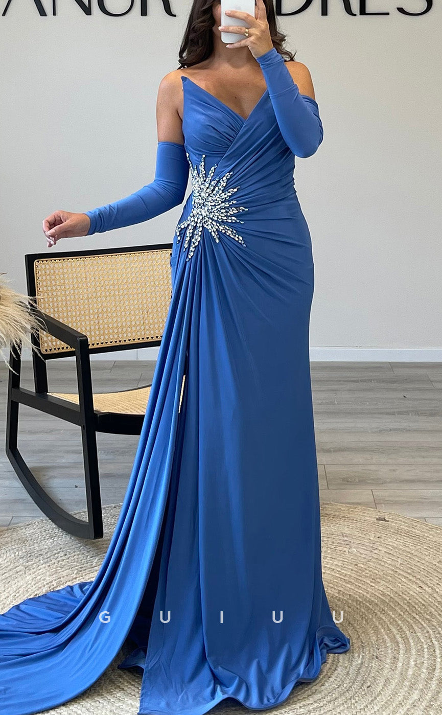 G3537 - Classic & Timeless Sheath V-Neck Strapless Draped Beaded Quarter Sleeves Floor-Length Party Ballgown Prom Dress With Overlay