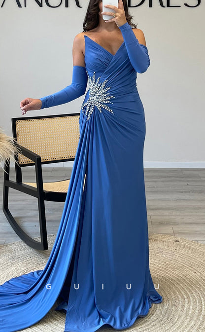 G3537 - Classic & Timeless Sheath V-Neck Strapless Draped Beaded Quarter Sleeves Floor-Length Party Ballgown Prom Dress With Overlay