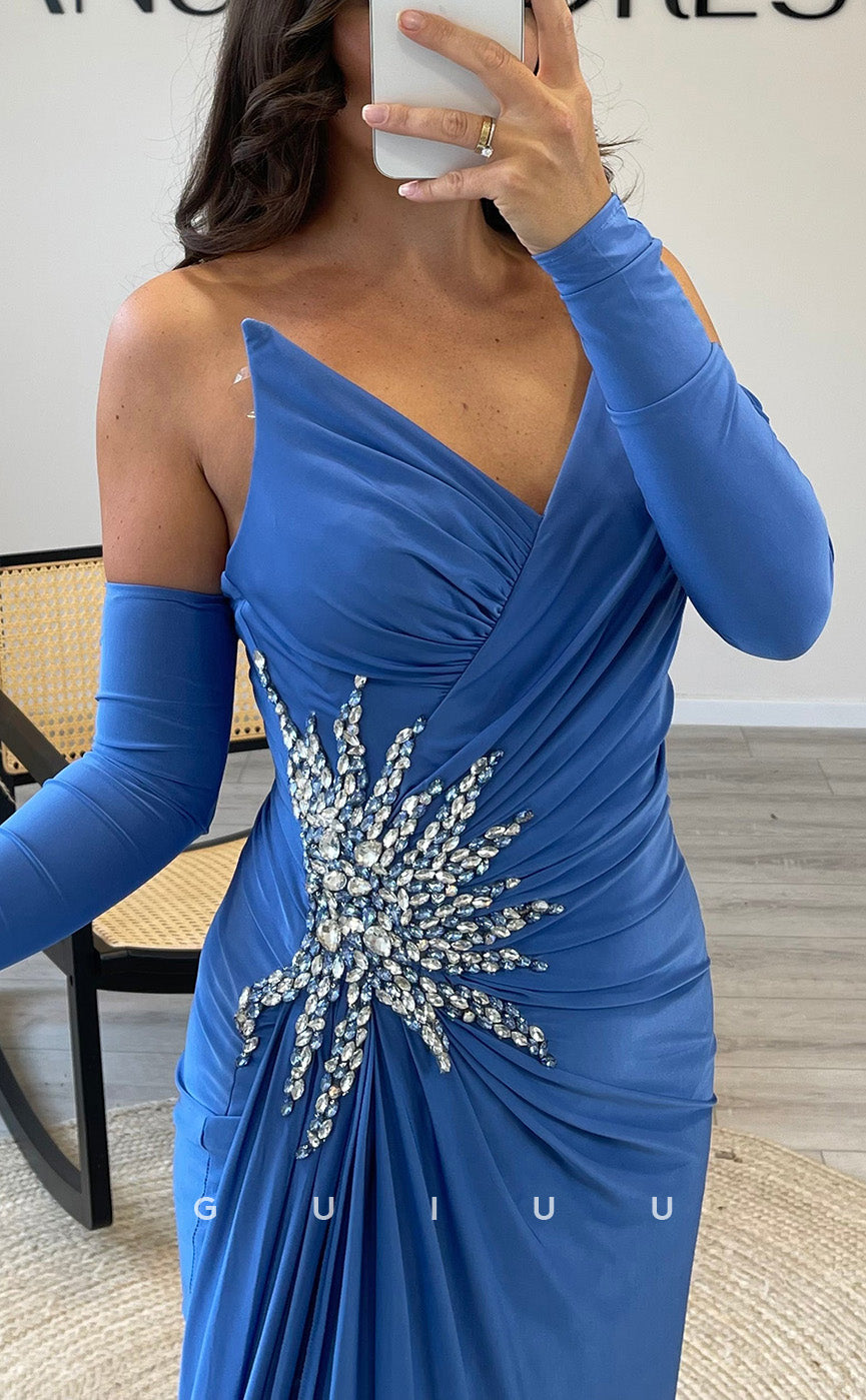 G3537 - Classic & Timeless Sheath V-Neck Strapless Draped Beaded Quarter Sleeves Floor-Length Party Ballgown Prom Dress With Overlay