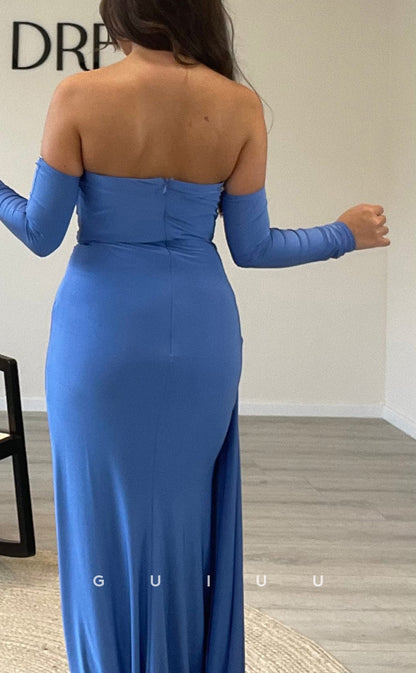 G3537 - Classic & Timeless Sheath V-Neck Strapless Draped Beaded Quarter Sleeves Floor-Length Party Ballgown Prom Dress With Overlay