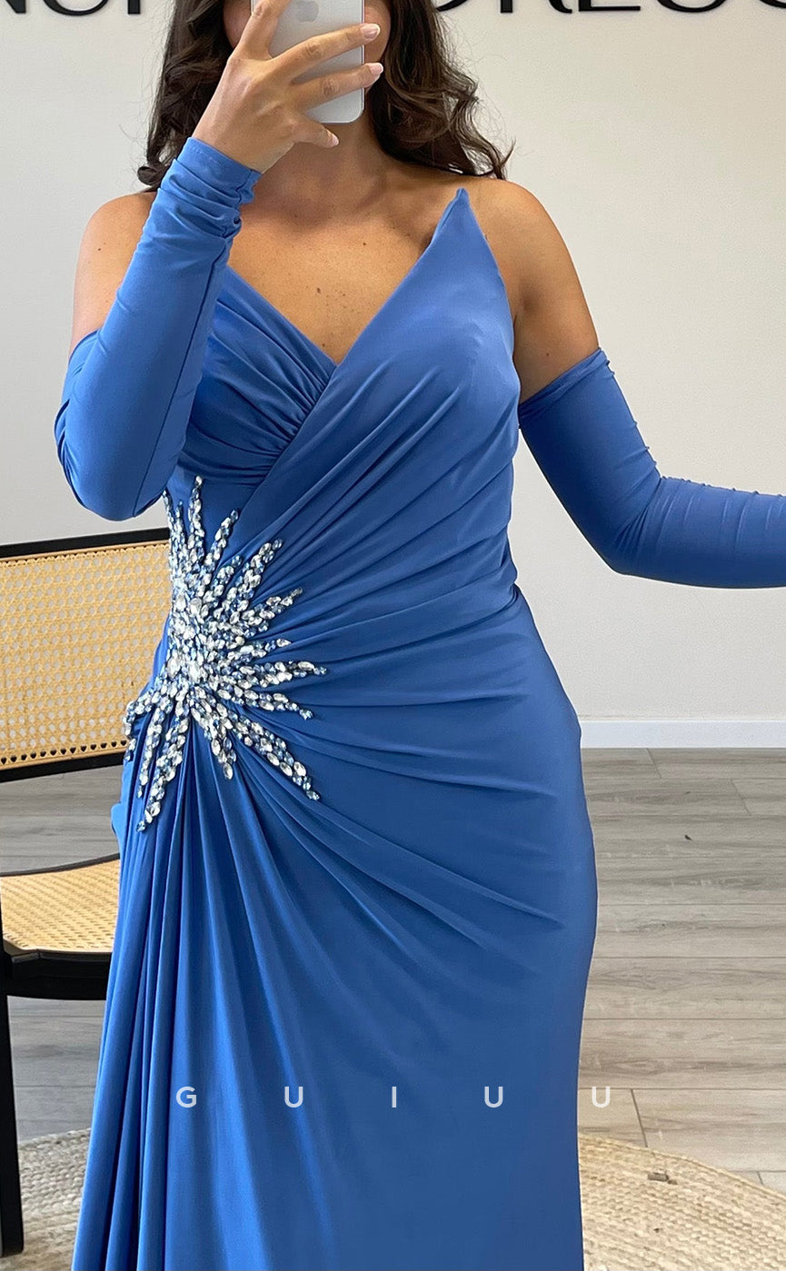 G3537 - Classic & Timeless Sheath V-Neck Strapless Draped Beaded Quarter Sleeves Floor-Length Party Ballgown Prom Dress With Overlay