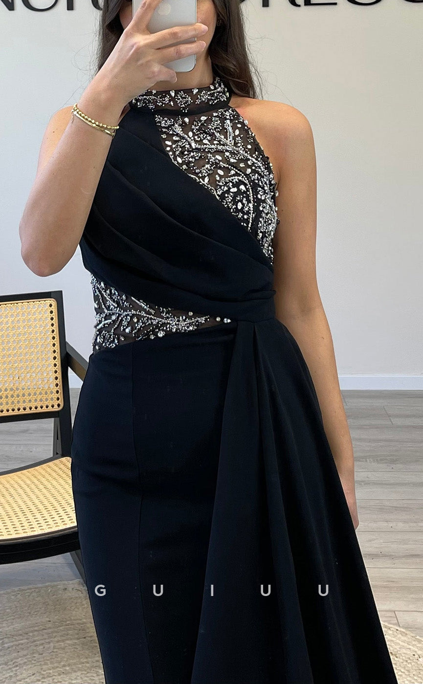 G3542 - Sexy & Hot Trumpet Halter Beaded Draped Floor-Length Party Gown Prom Dress With Overlay