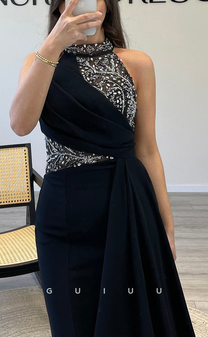 G3542 - Sexy & Hot Trumpet Halter Beaded Draped Floor-Length Party Gown Prom Dress With Overlay