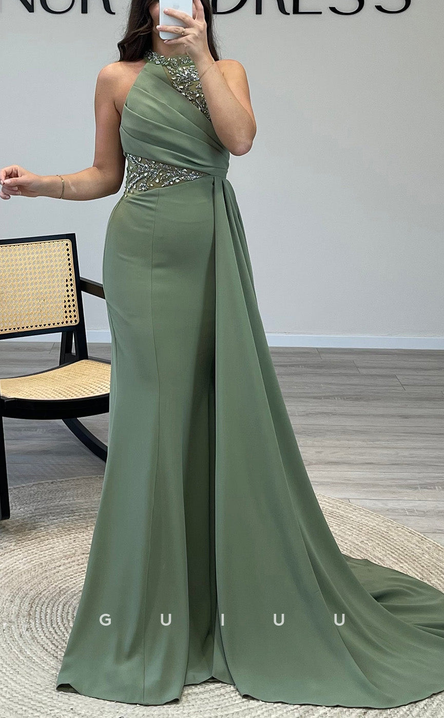 G3542 - Sexy & Hot Trumpet Halter Beaded Draped Floor-Length Party Gown Prom Dress With Overlay