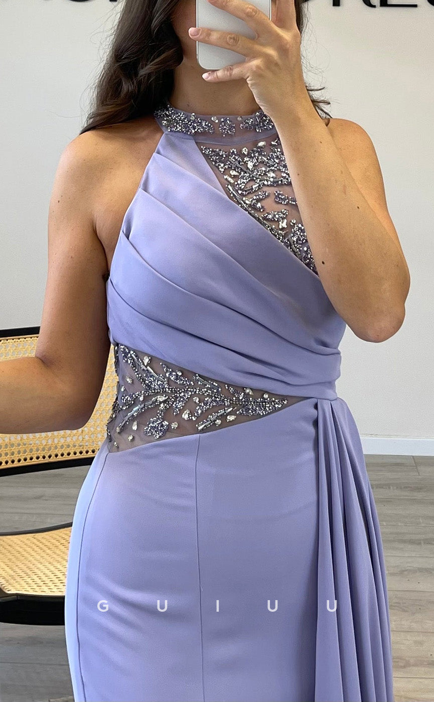 G3542 - Sexy & Hot Trumpet Halter Beaded Draped Floor-Length Party Gown Prom Dress With Overlay