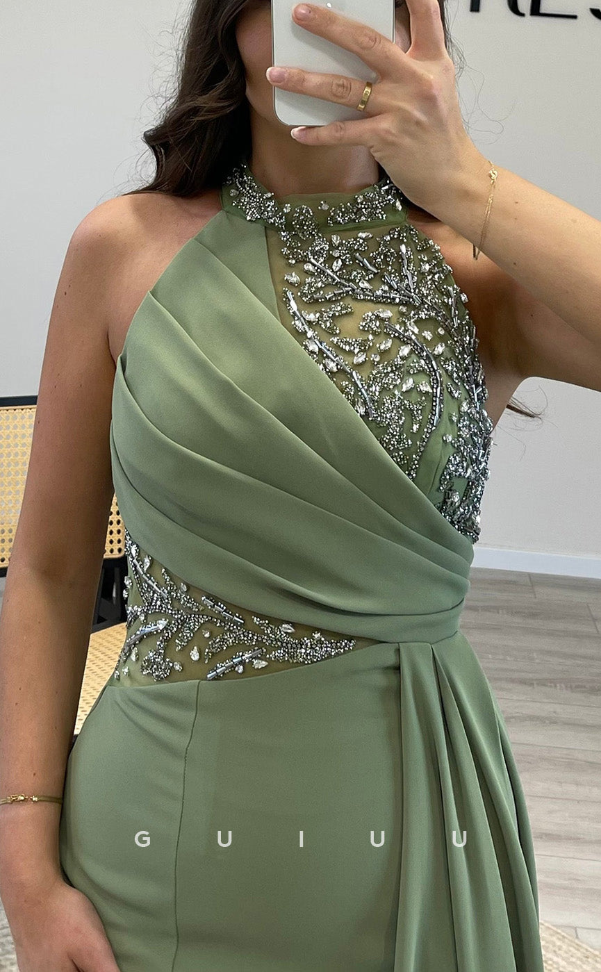 G3542 - Sexy & Hot Trumpet Halter Beaded Draped Floor-Length Party Gown Prom Dress With Overlay