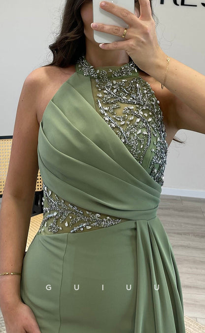 G3542 - Sexy & Hot Trumpet Halter Beaded Draped Floor-Length Party Gown Prom Dress With Overlay