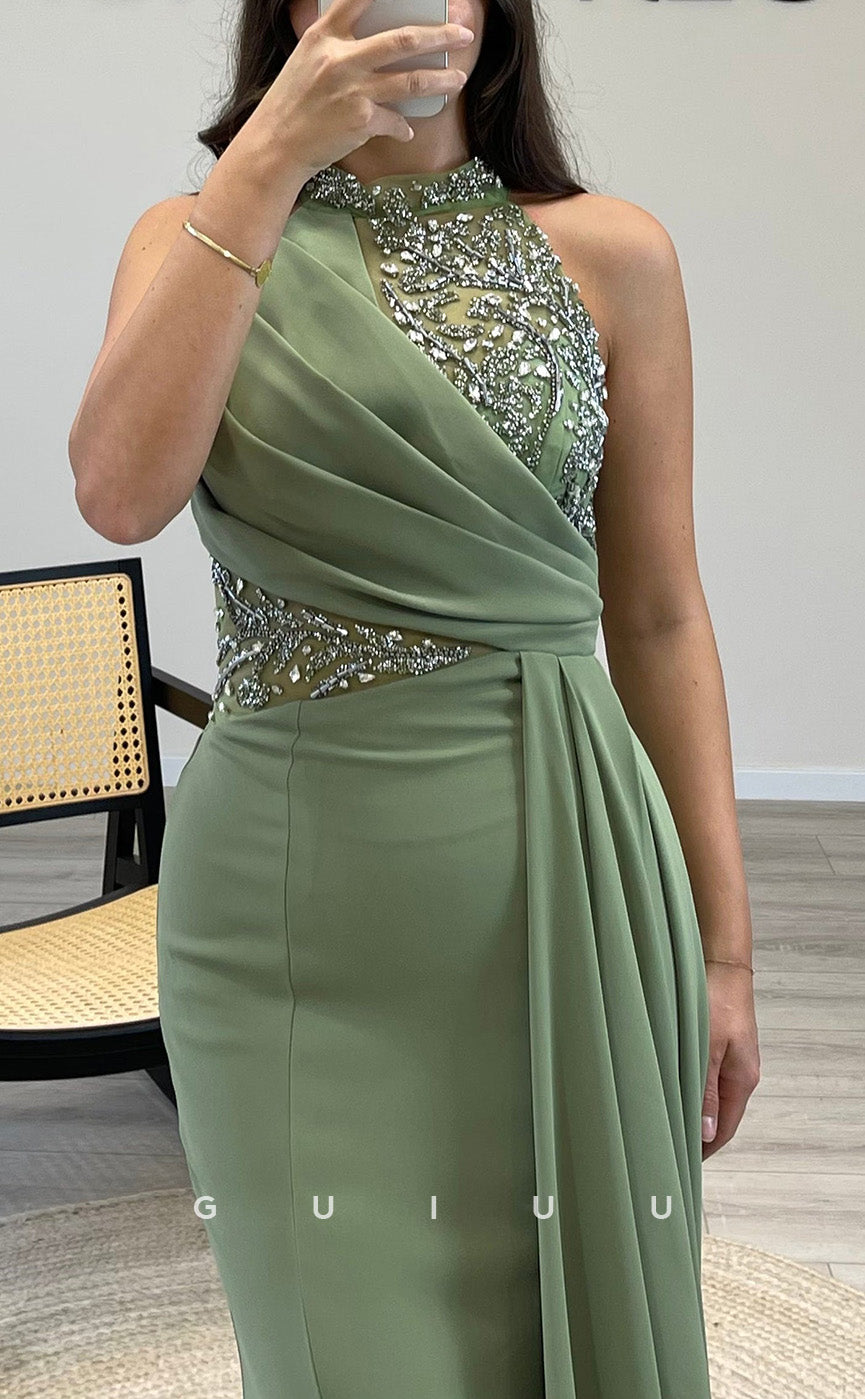 G3542 - Sexy & Hot Trumpet Halter Beaded Draped Floor-Length Party Gown Prom Dress With Overlay