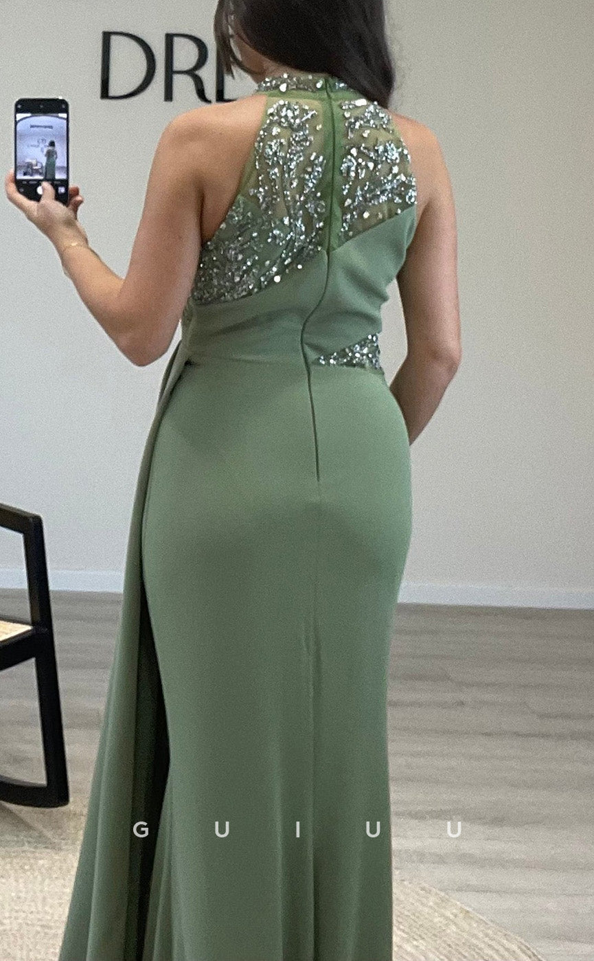 G3542 - Sexy & Hot Trumpet Halter Beaded Draped Floor-Length Party Gown Prom Dress With Overlay