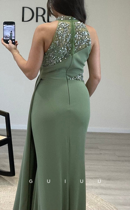 G3542 - Sexy & Hot Trumpet Halter Beaded Draped Floor-Length Party Gown Prom Dress With Overlay