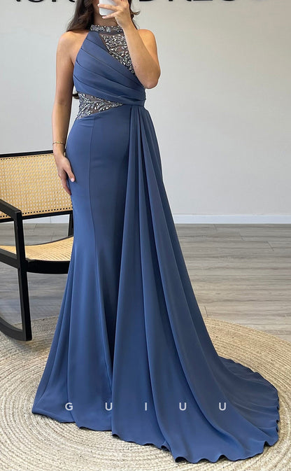 G3542 - Sexy & Hot Trumpet Halter Beaded Draped Floor-Length Party Gown Prom Dress With Overlay