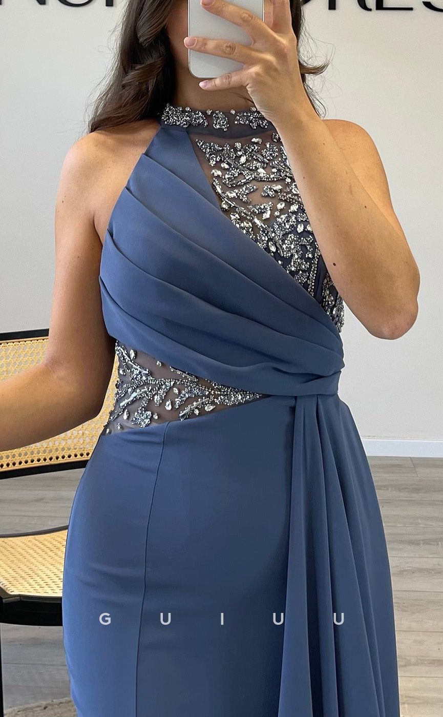 G3542 - Sexy & Hot Trumpet Halter Beaded Draped Floor-Length Party Gown Prom Dress With Overlay