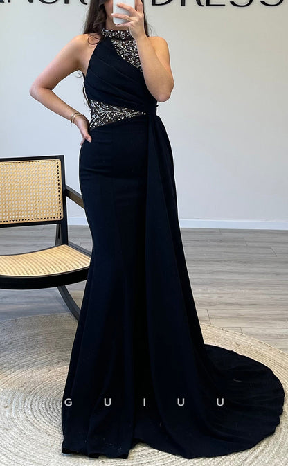 G3542 - Sexy & Hot Trumpet Halter Beaded Draped Floor-Length Party Gown Prom Dress With Overlay