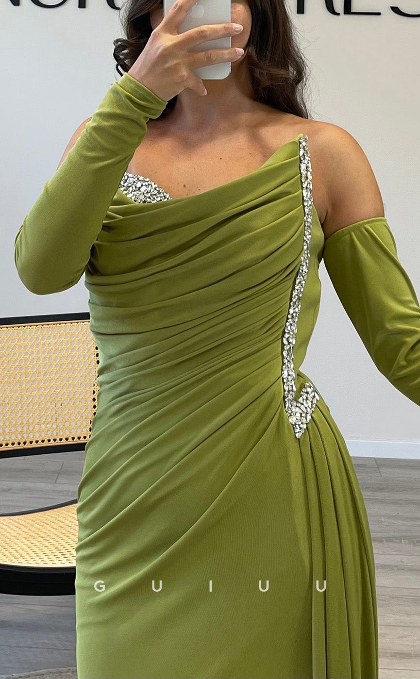 G3543 - Chic & Modern Sheath Strapless Beaded Long Sleeves Draped Side SlitFloor-Length Party Gown PromDress With Overlay