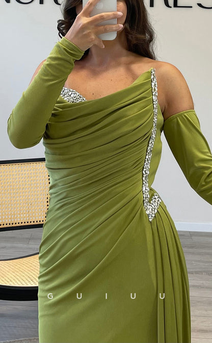 G3543 - Chic & Modern Sheath Strapless Beaded Long Sleeves Draped Side SlitFloor-Length Party Gown PromDress With Overlay