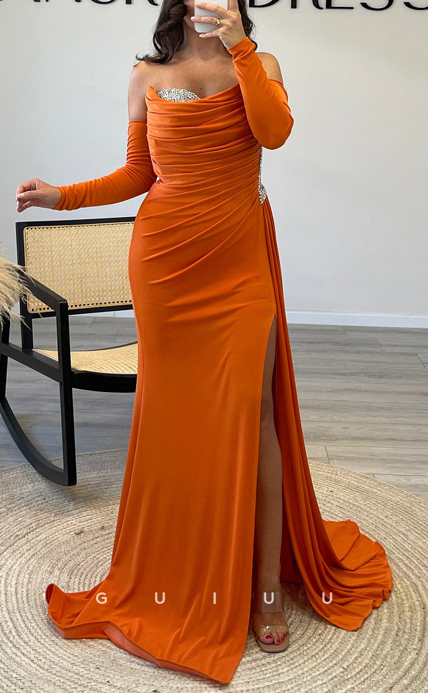 G3543 - Chic & Modern Sheath Strapless Beaded Long Sleeves Draped Side SlitFloor-Length Party Gown PromDress With Overlay