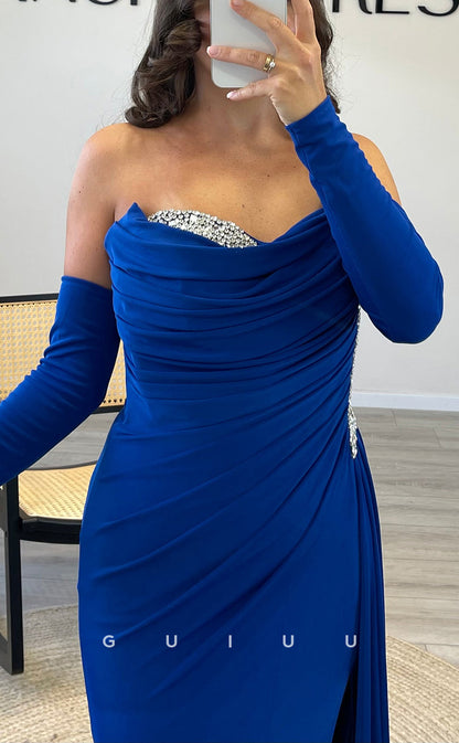 G3543 - Chic & Modern Sheath Strapless Beaded Long Sleeves Draped Side SlitFloor-Length Party Gown PromDress With Overlay
