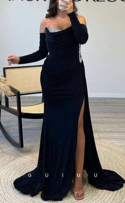 G3543 - Chic & Modern Sheath Strapless Beaded Long Sleeves Draped Side SlitFloor-Length Party Gown PromDress With Overlay