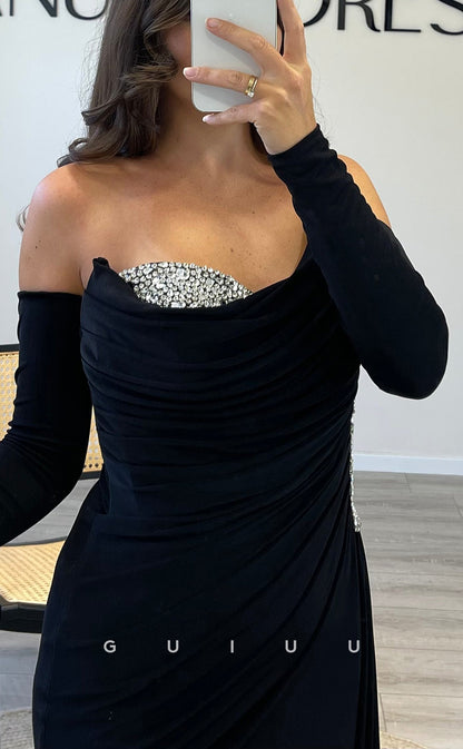 G3543 - Chic & Modern Sheath Strapless Beaded Long Sleeves Draped Side SlitFloor-Length Party Gown PromDress With Overlay