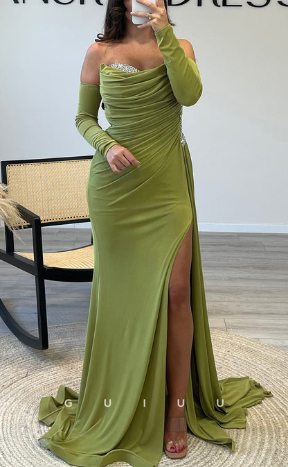 G3543 - Chic & Modern Sheath Strapless Beaded Long Sleeves Draped Side SlitFloor-Length Party Gown PromDress With Overlay