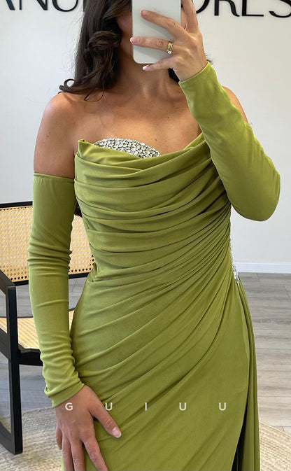 G3543 - Chic & Modern Sheath Strapless Beaded Long Sleeves Draped Side SlitFloor-Length Party Gown PromDress With Overlay
