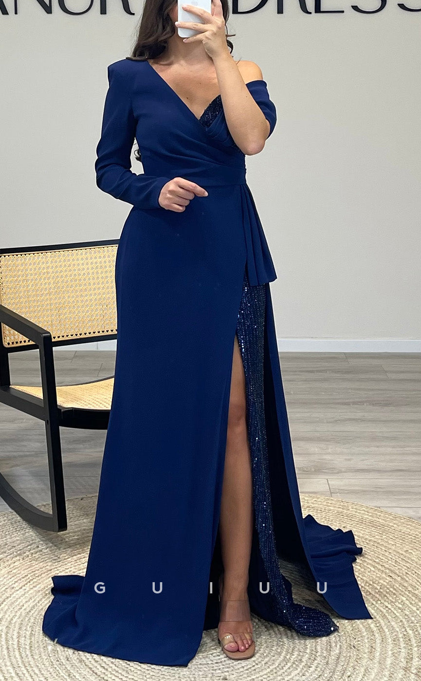 G3544 - Classic & Timeless Sheath Asymmetrical Long Sleeves Sequined Draped High Side Slit Floor-Length Ballgown Prom Dress With Overlay