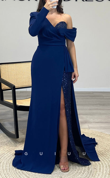 G3544 - Classic & Timeless Sheath Asymmetrical Long Sleeves Sequined Draped High Side Slit Floor-Length Ballgown Prom Dress With Overlay