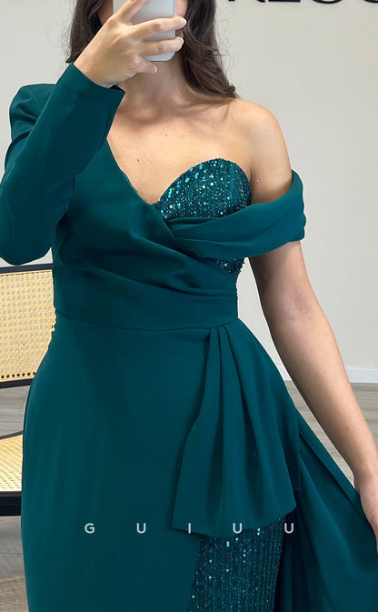 G3544 - Classic & Timeless Sheath Asymmetrical Long Sleeves Sequined Draped High Side Slit Floor-Length Ballgown Prom Dress With Overlay