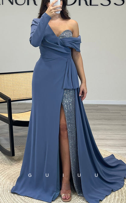 G3544 - Classic & Timeless Sheath Asymmetrical Long Sleeves Sequined Draped High Side Slit Floor-Length Ballgown Prom Dress With Overlay